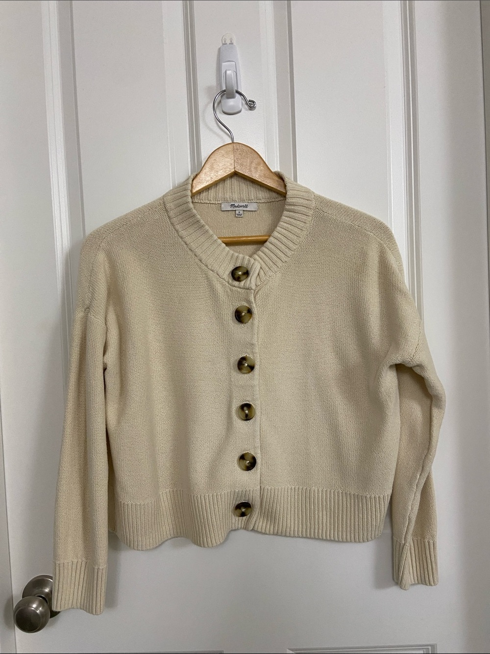 Madewell Neutral Cream Button-Front Ribbed V-Neck Cardigan